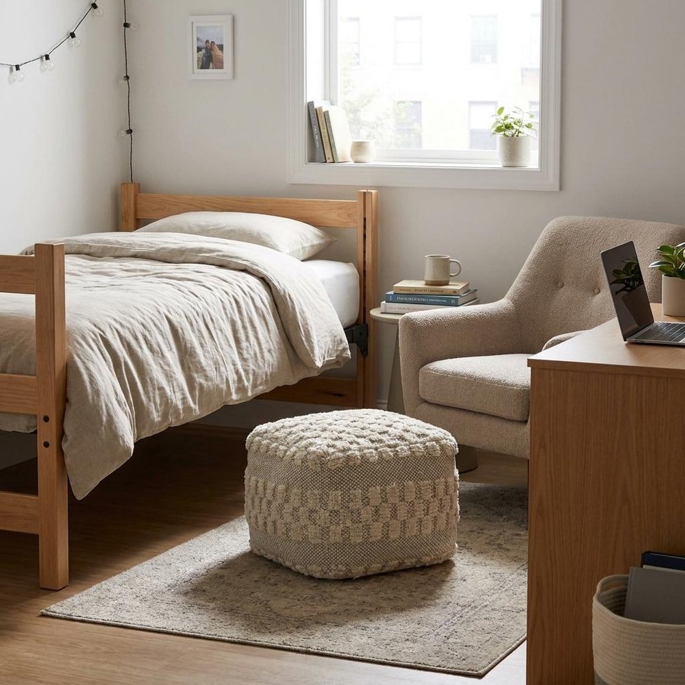 Beige Geometric Pouf Ottoman - 18-inch