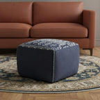 Blue Cotton Geometric Pouf Ottoman - 18-inch