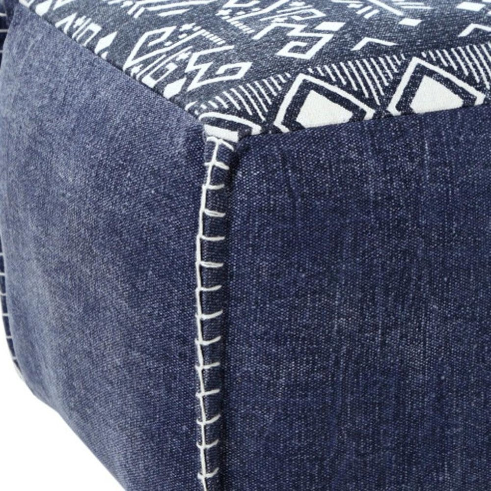 Blue Cotton Geometric Pouf Ottoman - 18-inch