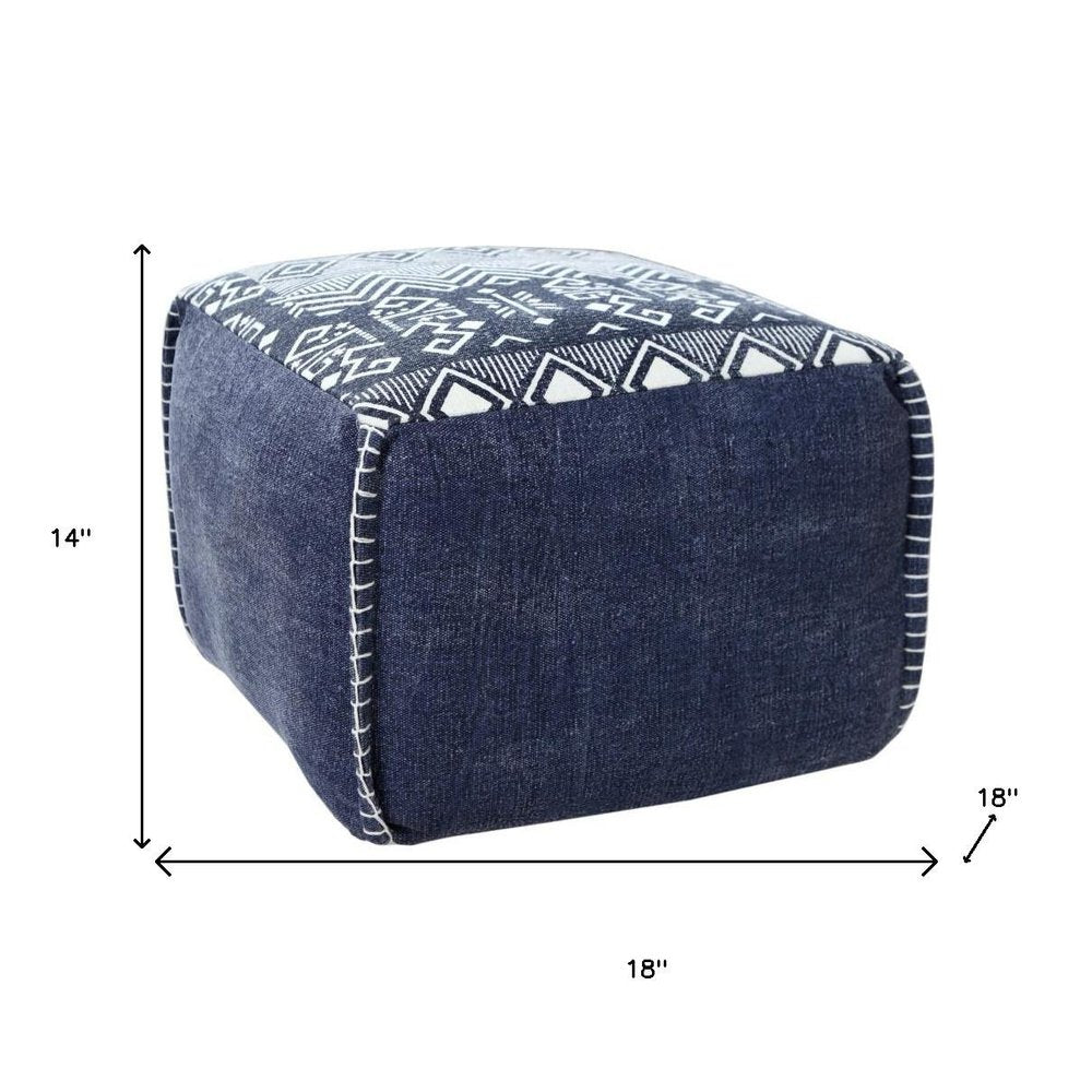 Blue Cotton Geometric Pouf Ottoman - 18-inch