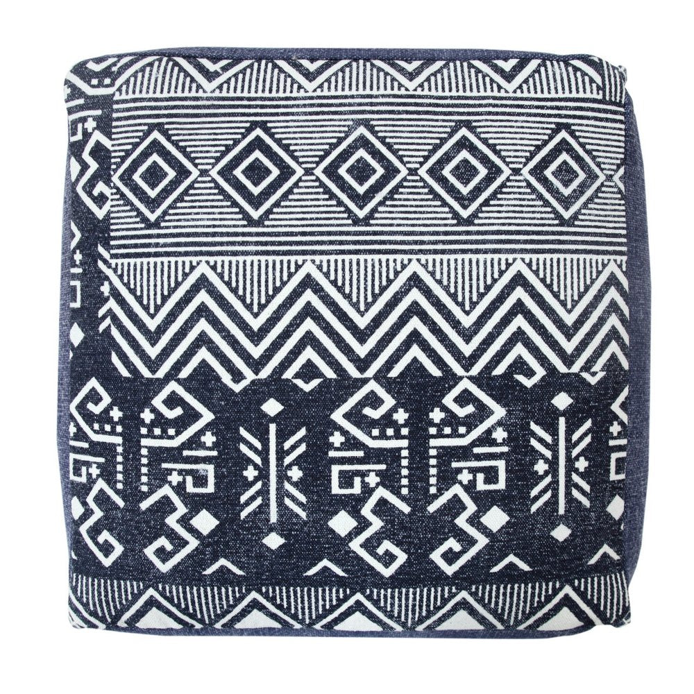 Blue Cotton Geometric Pouf Ottoman - 18-inch