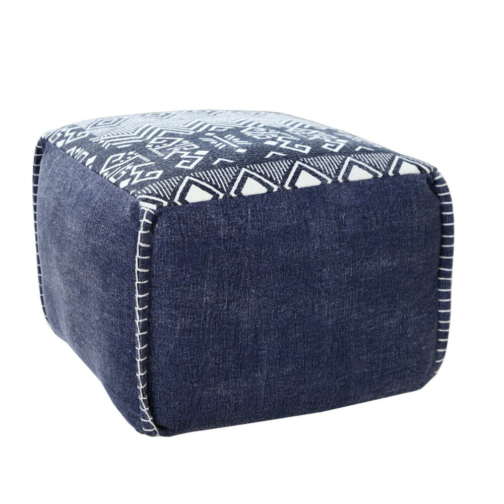 Blue Cotton Geometric Pouf Ottoman - 18-inch