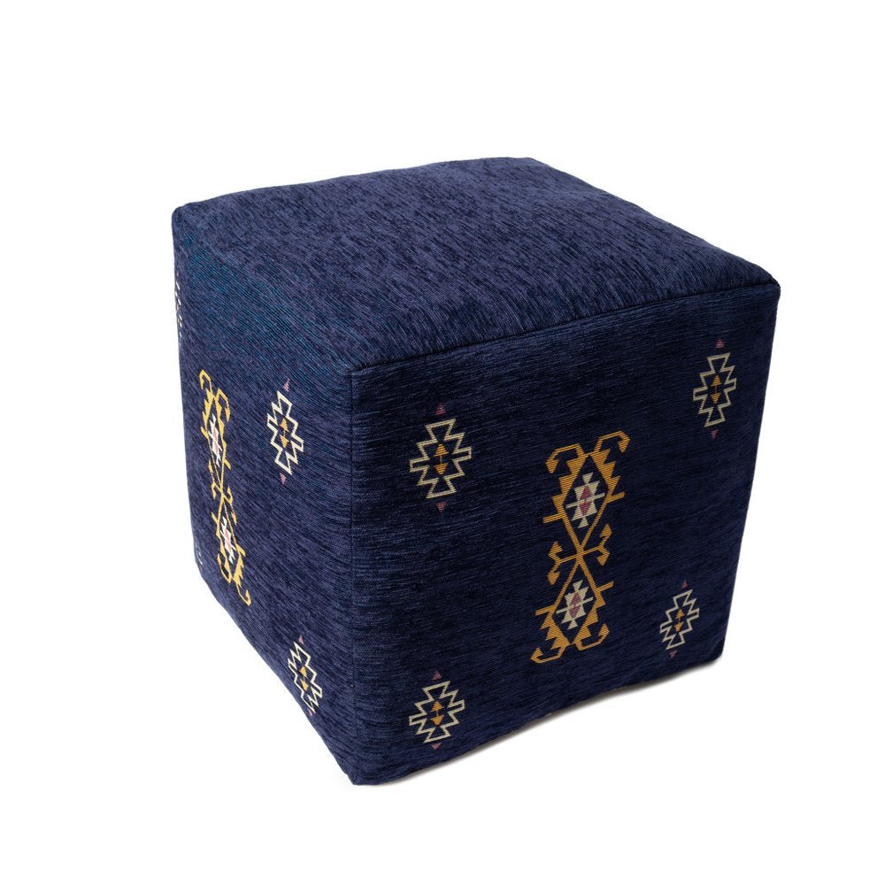 Blue Medallion Pouf Ottoman - 18-inch