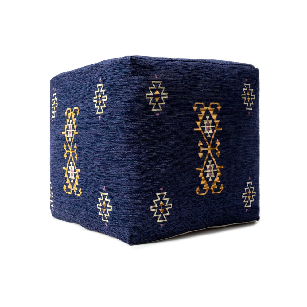 Blue Medallion Pouf Ottoman - 18-inch