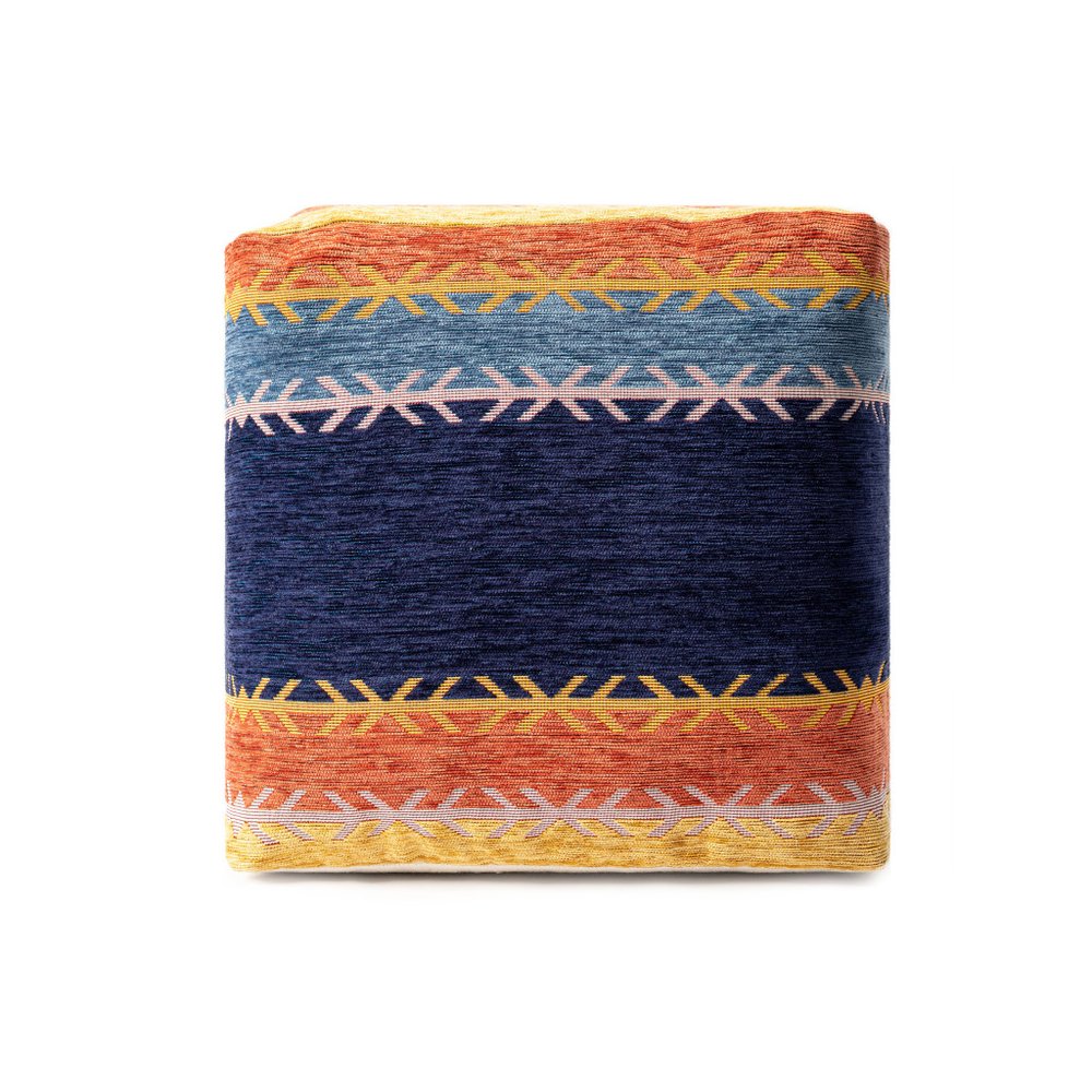 Blue and Orange Polyester Blend Striped Pouf Ottoman - 18-inch