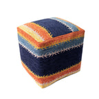 Blue and Orange Polyester Blend Striped Pouf Ottoman - 18-inch