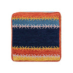 Blue and Orange Polyester Blend Striped Pouf Ottoman - 18-inch