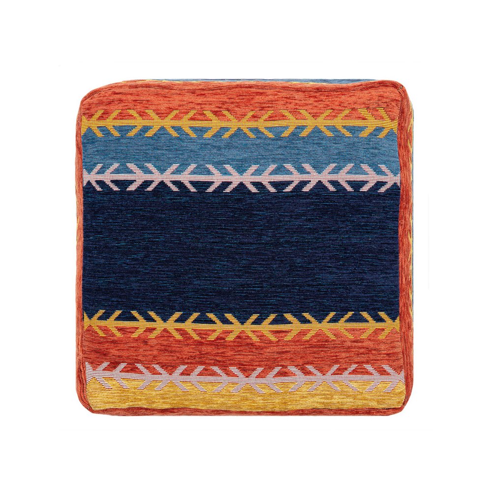 Blue and Orange Polyester Blend Striped Pouf Ottoman - 18-inch