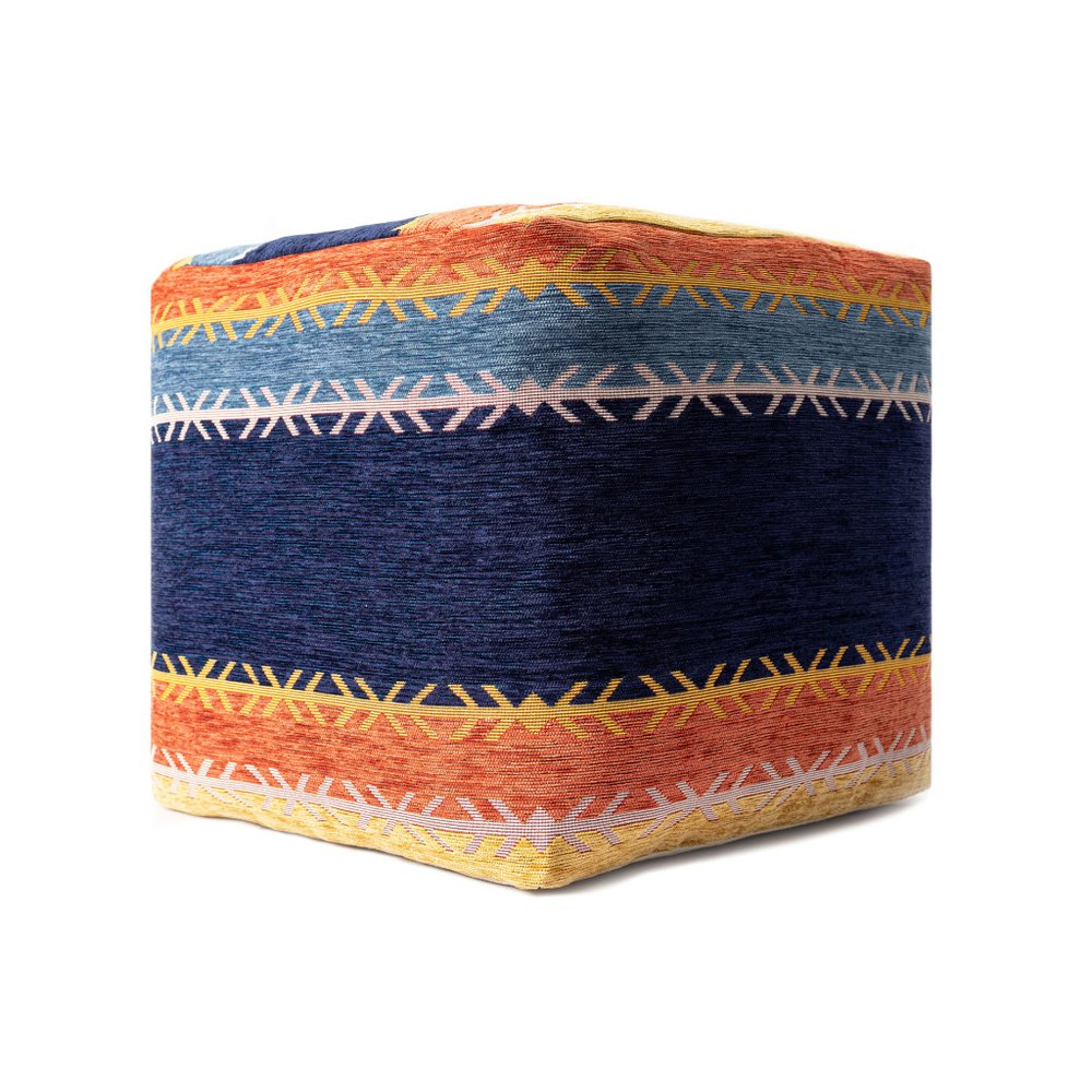 Blue and Orange Polyester Blend Striped Pouf Ottoman - 18-inch