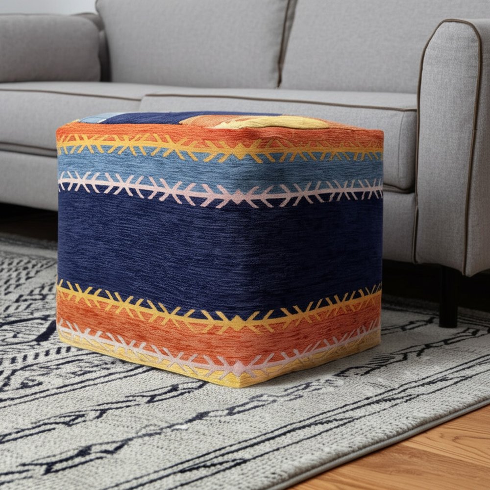 Blue and Orange Polyester Blend Striped Pouf Ottoman - 18-inch