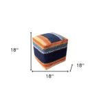 Blue and Orange Polyester Blend Striped Pouf Ottoman - 18-inch