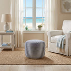 Blue and White Cotton Striped Cylinder Pouf Ottoman - 18-inch
