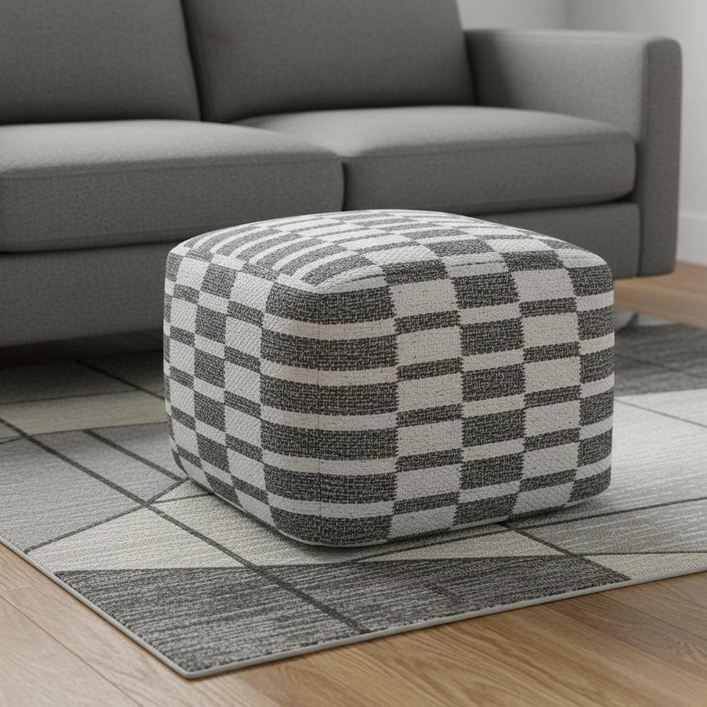 Gray Cotton Geometric Pouf Ottoman - 18-inch