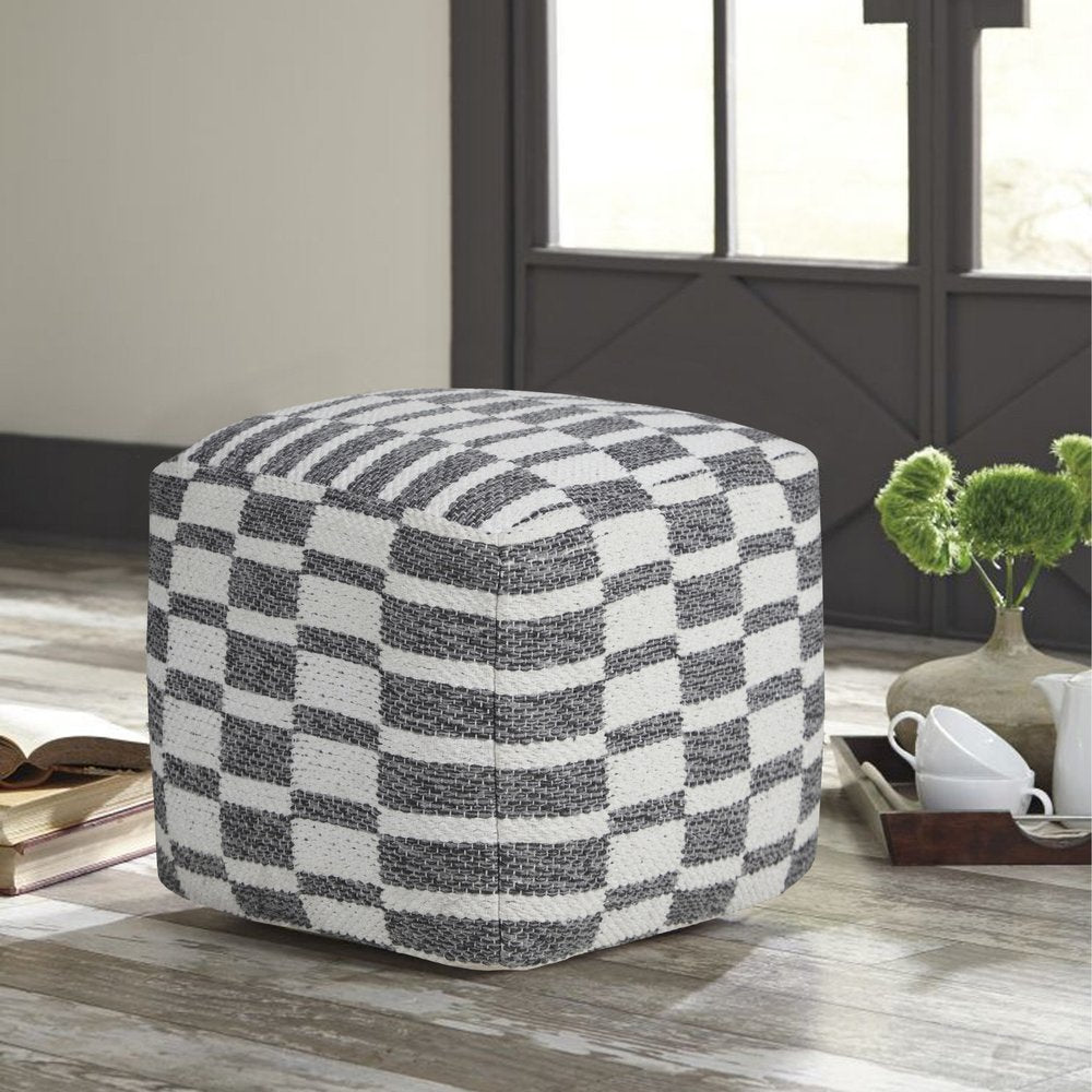 Gray Cotton Geometric Pouf Ottoman - 18-inch