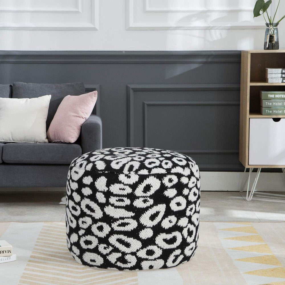 Black Abstract Cylinder Pouf Ottoman - 18-inch