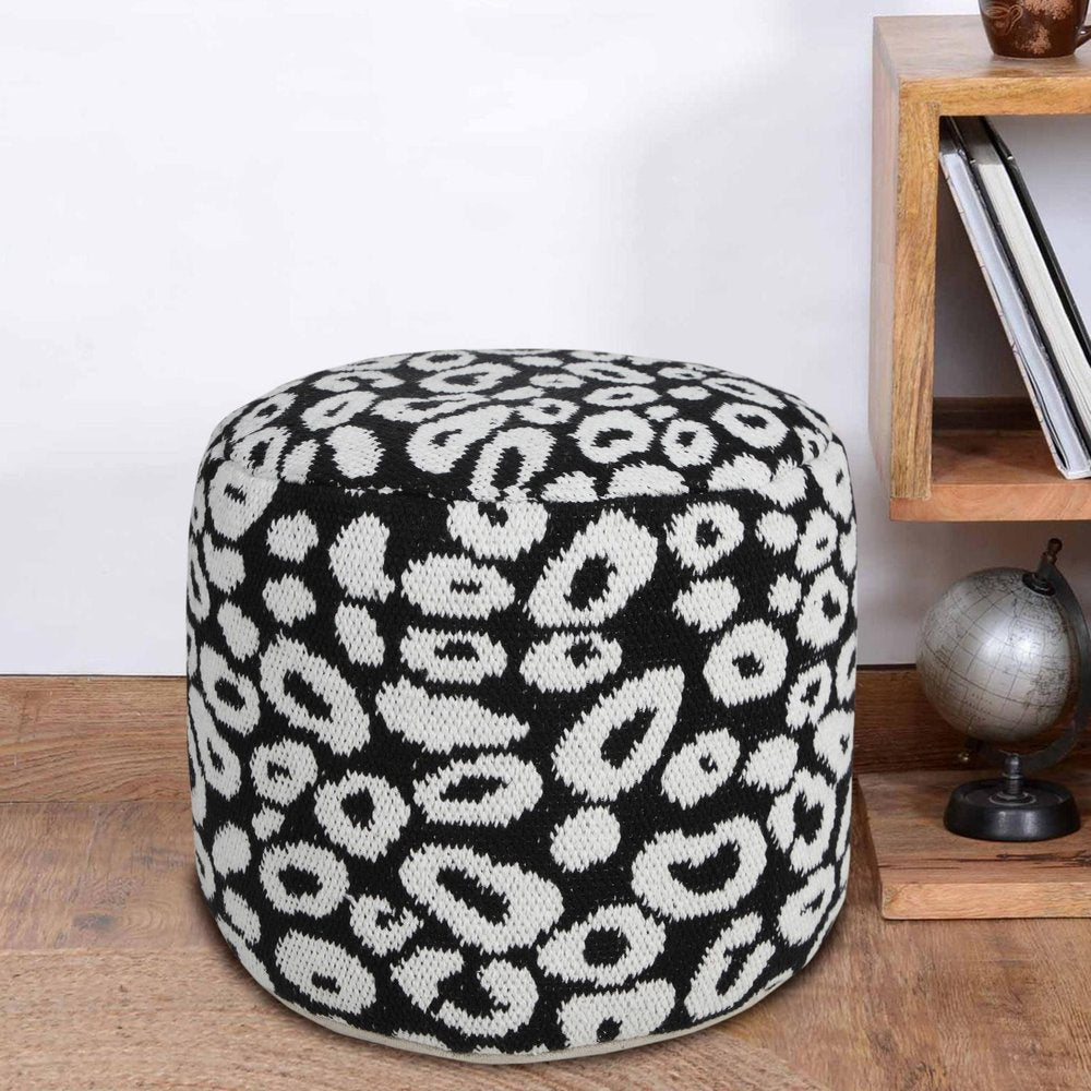 Black Abstract Cylinder Pouf Ottoman - 18-inch