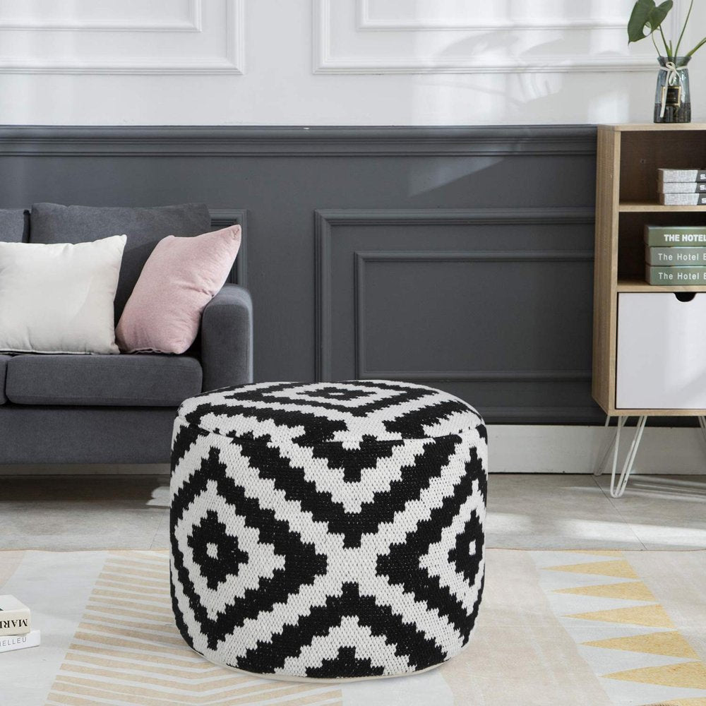 Black Geometric Cylinder Pouf Ottoman - 18-inch