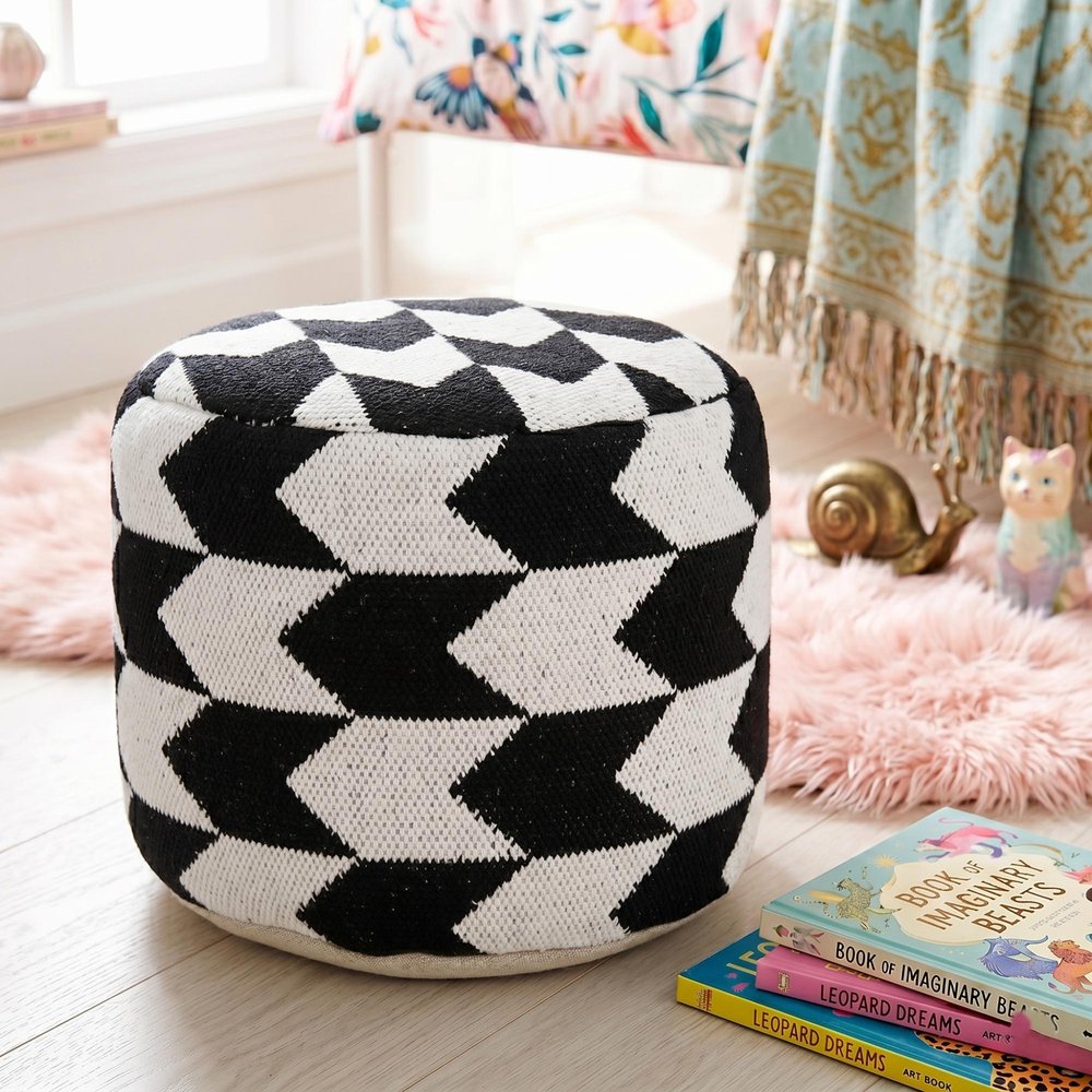 Black Chevron Cylinder Pouf Ottoman - 18-inch