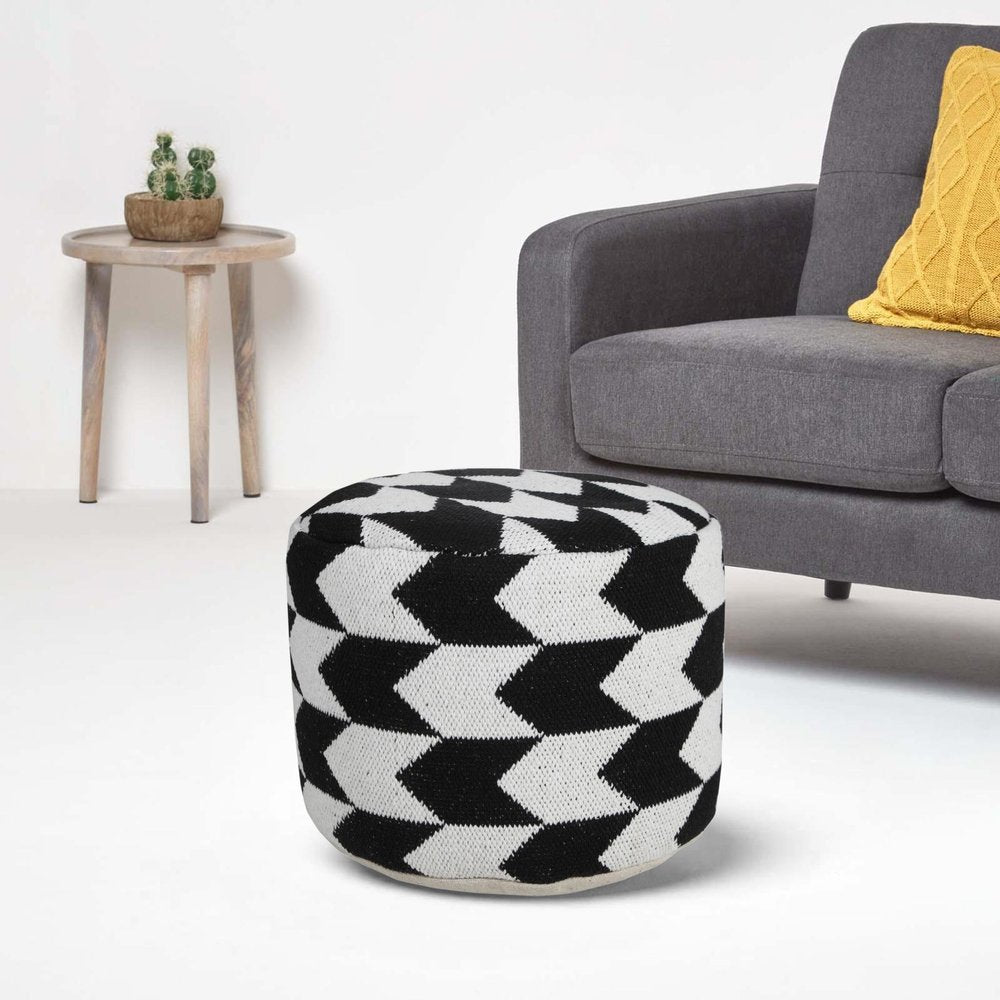 Black Chevron Cylinder Pouf Ottoman - 18-inch