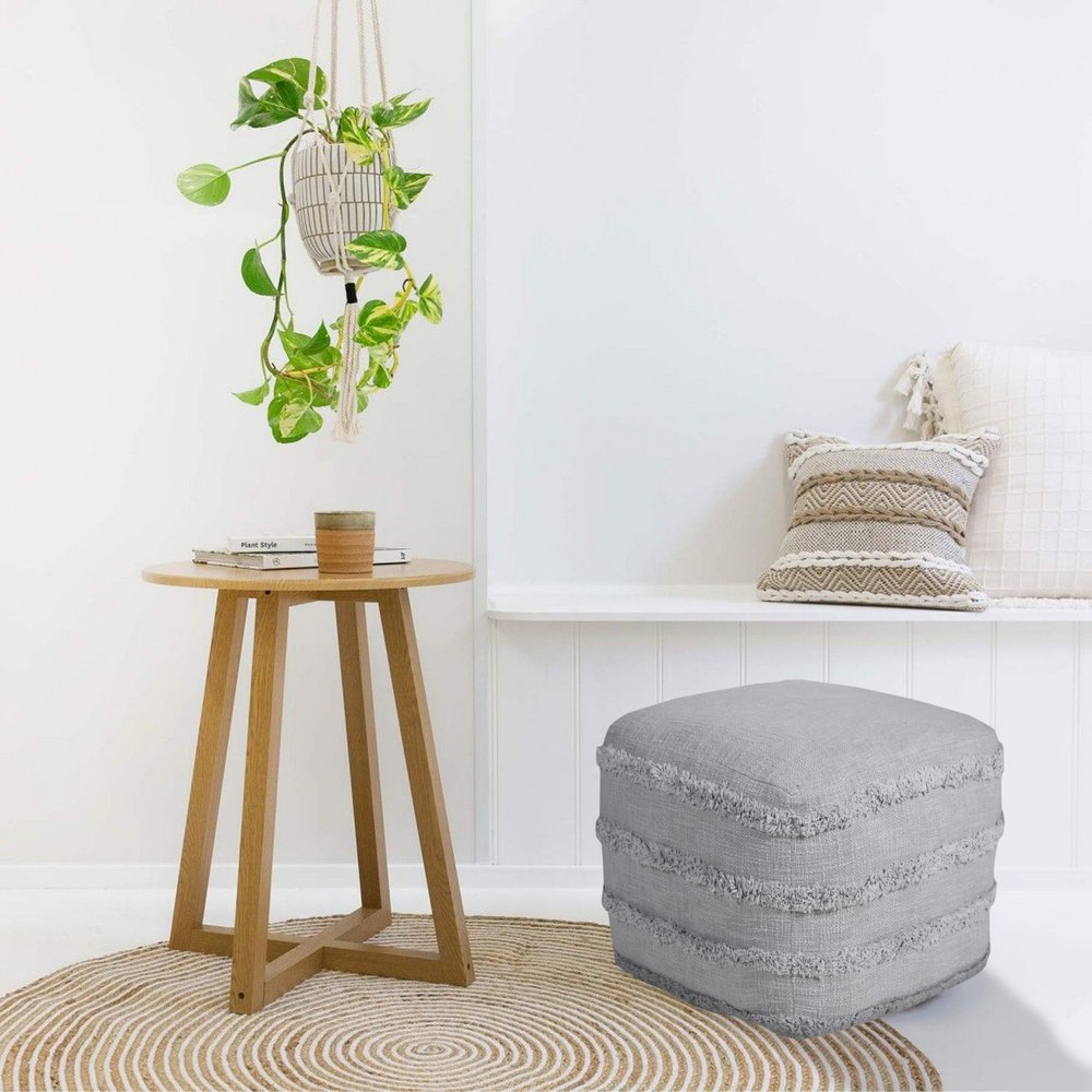 Gray Cotton Striped Pouf Ottoman - 18-inch