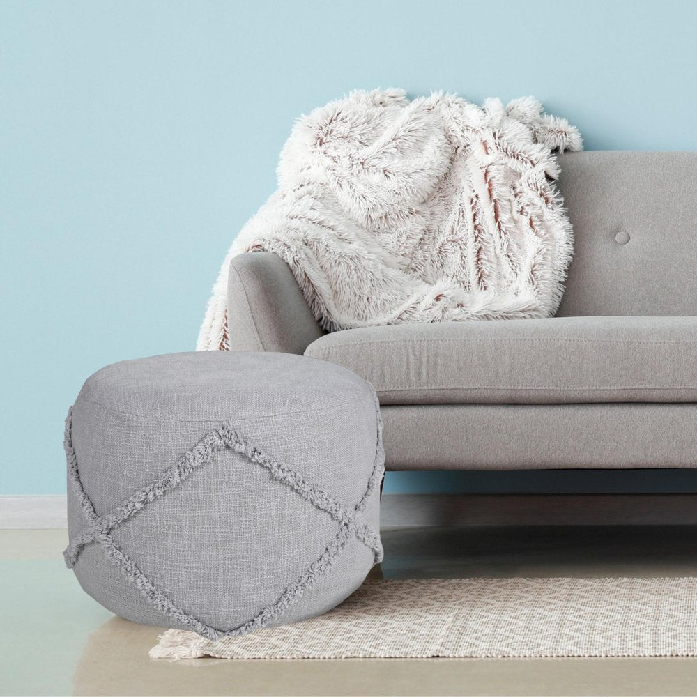 Gray Cotton Cylinder Geometric Pouf Ottoman - 18-inch