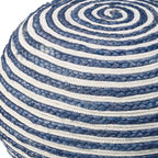 Blue Cotton Blend Round Striped Pouf Ottoman - 20-inch
