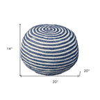 Blue Cotton Blend Round Striped Pouf Ottoman - 20-inch