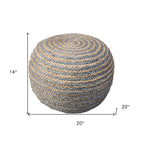 Blue Cotton Blend Round Striped Pouf Ottoman - 20-inch