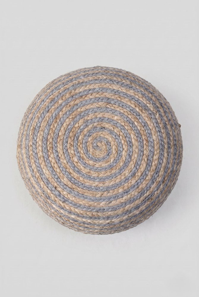 Blue Cotton Blend Round Striped Pouf Ottoman - 20-inch