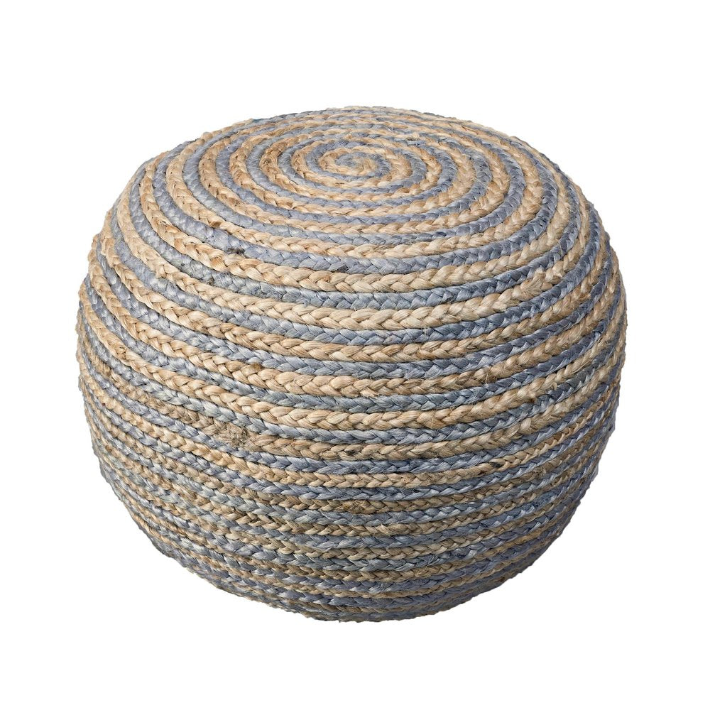 Blue Cotton Blend Round Striped Pouf Ottoman - 20-inch