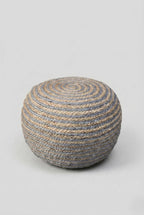 Blue Cotton Blend Round Striped Pouf Ottoman - 20-inch