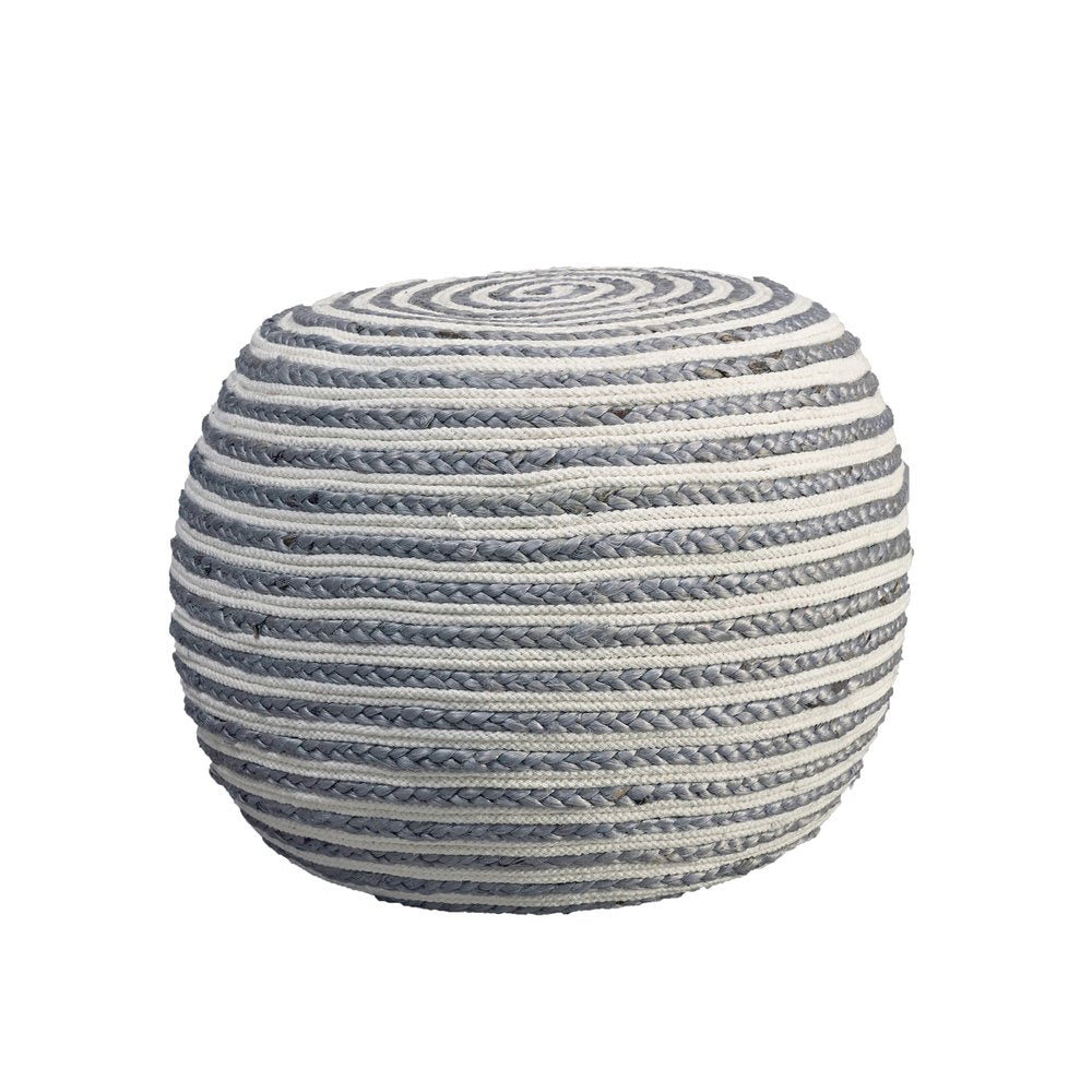 Blue Cotton Blend Round Striped Pouf Ottoman - 20-inch