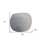 Blue Cotton Blend Round Striped Pouf Ottoman - 20-inch