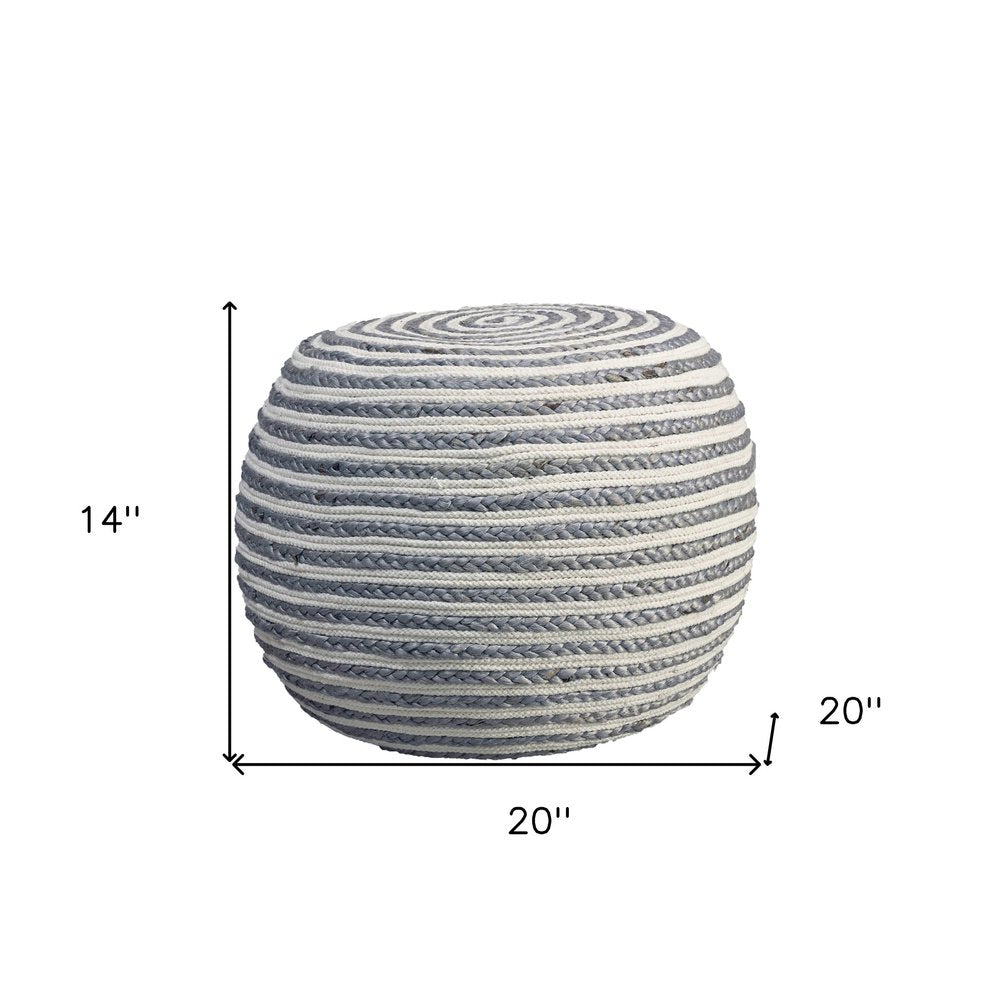 Blue Cotton Blend Round Striped Pouf Ottoman - 20-inch