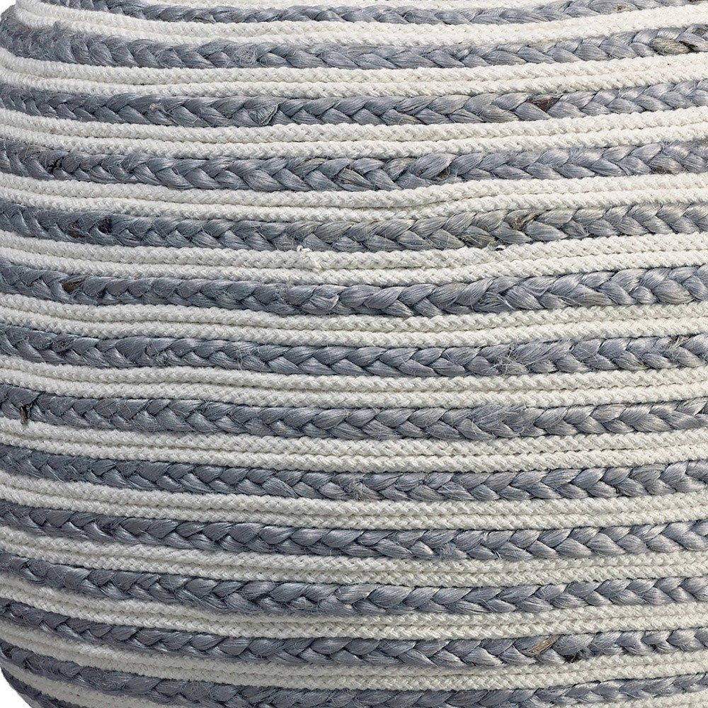 Blue Cotton Blend Round Striped Pouf Ottoman - 20-inch
