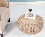 Tan Round Geometric Pouf Ottoman - 20-inch