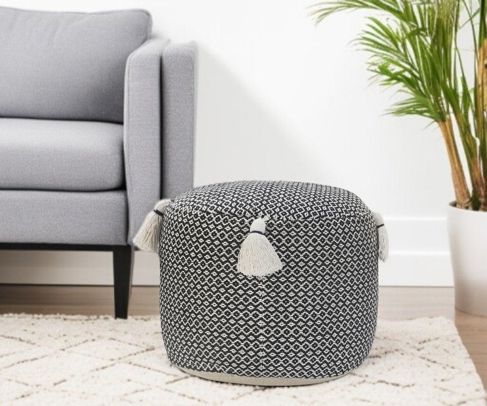 Black Cotton Cylinder Geometric Pouf Ottoman - 18-inch