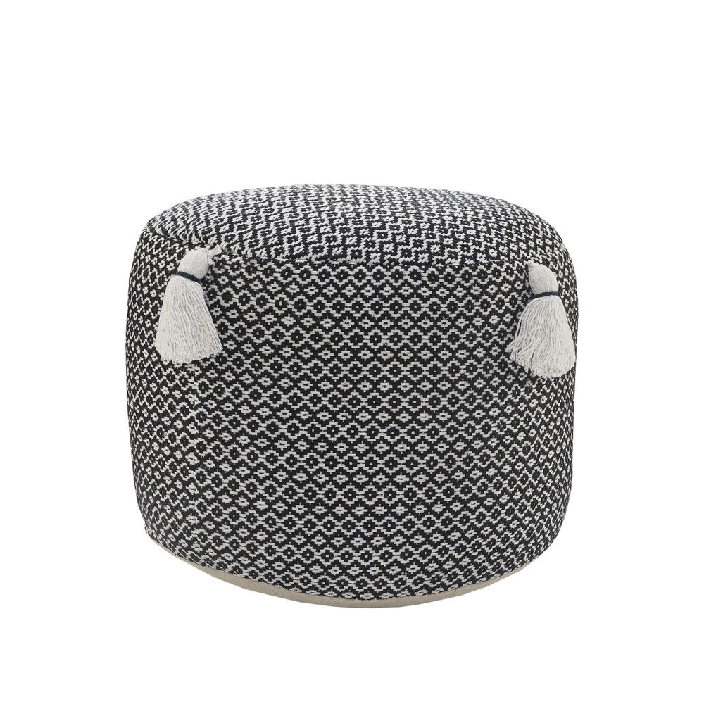 Black Cotton Cylinder Geometric Pouf Ottoman - 18-inch