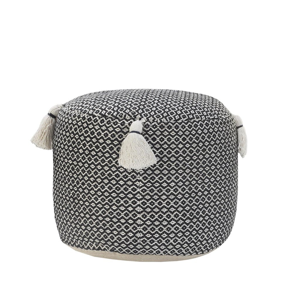 Black Cotton Cylinder Geometric Pouf Ottoman - 18-inch