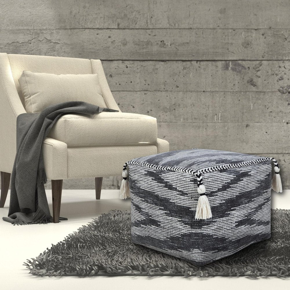 Gray Cotton Striped Pouf Ottoman - 18-inch