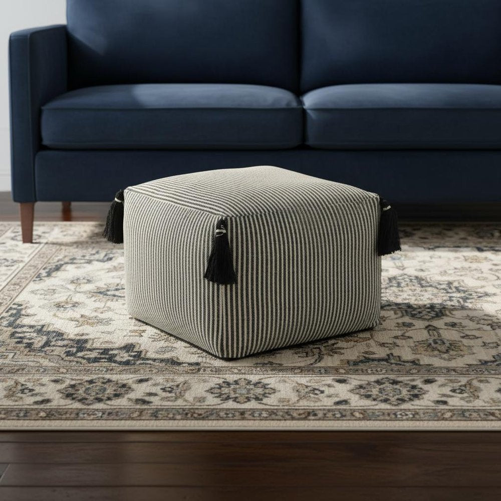 Gray Cotton Striped Pouf Ottoman - 18-inch
