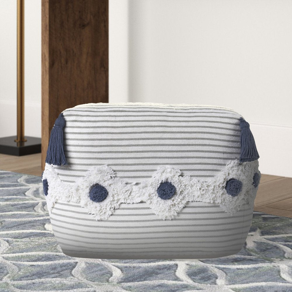 Gray Cotton Striped Pouf Ottoman - 18-inch