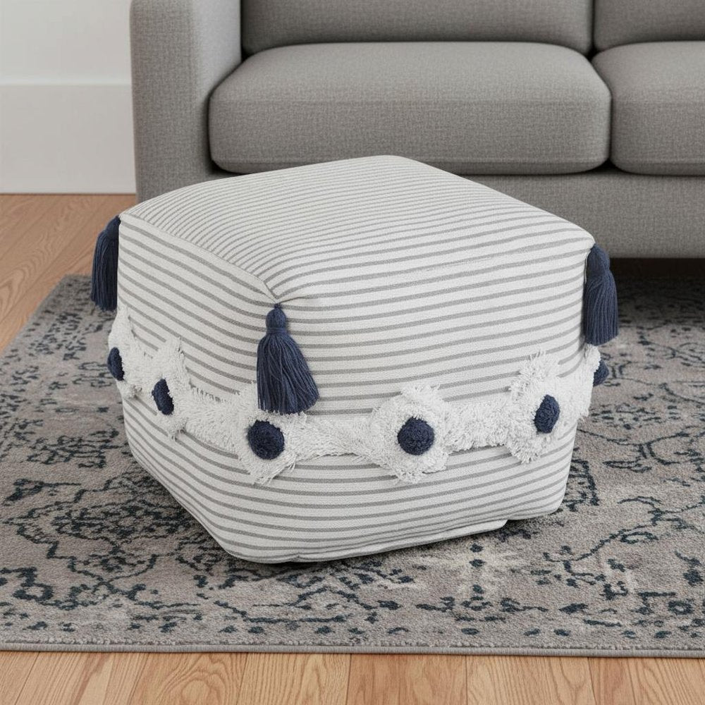 Gray Cotton Striped Pouf Ottoman - 18-inch