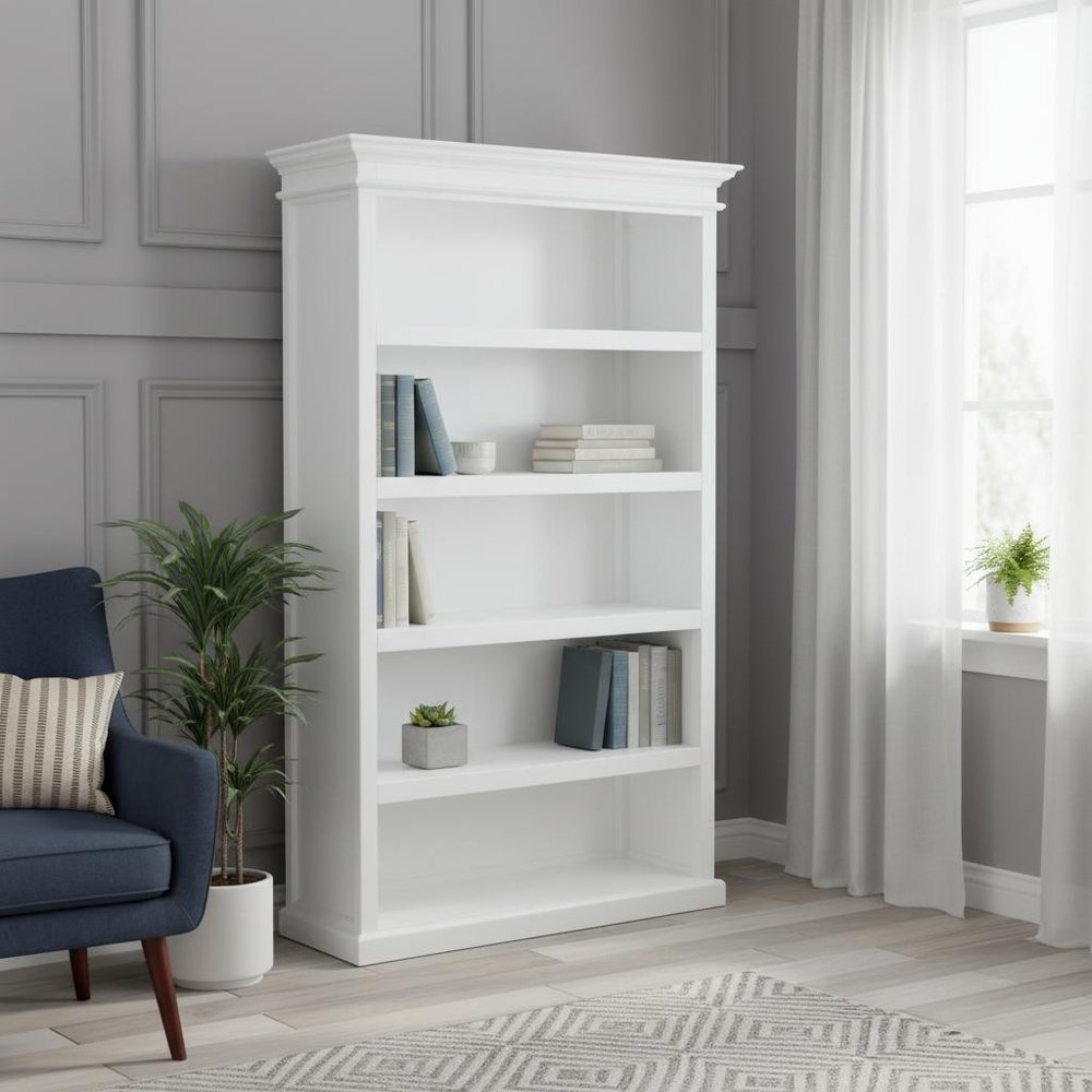 Antiqued White Solid Wood Five Tier Bookcase - 77-inch