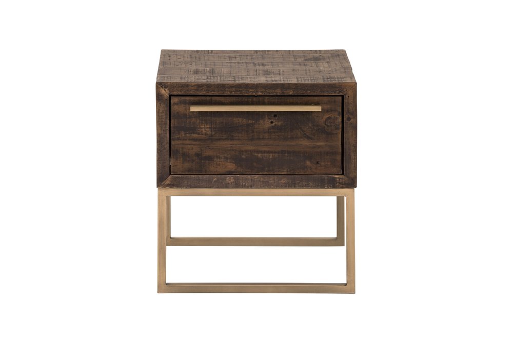 Antiqued Brass and Brown Reclaimed Wood End Table with Drawer - 18-inch