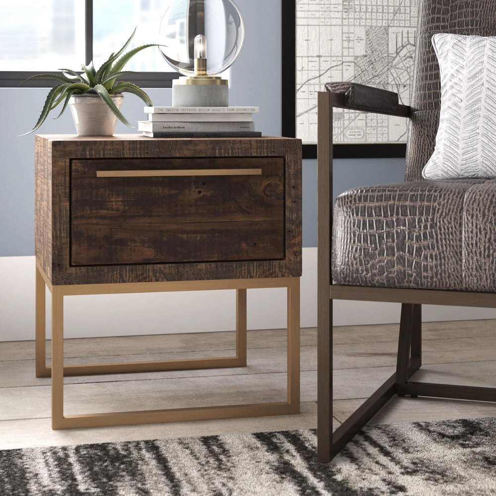 Antiqued Brass and Brown Reclaimed Wood End Table with Drawer - 18-inch