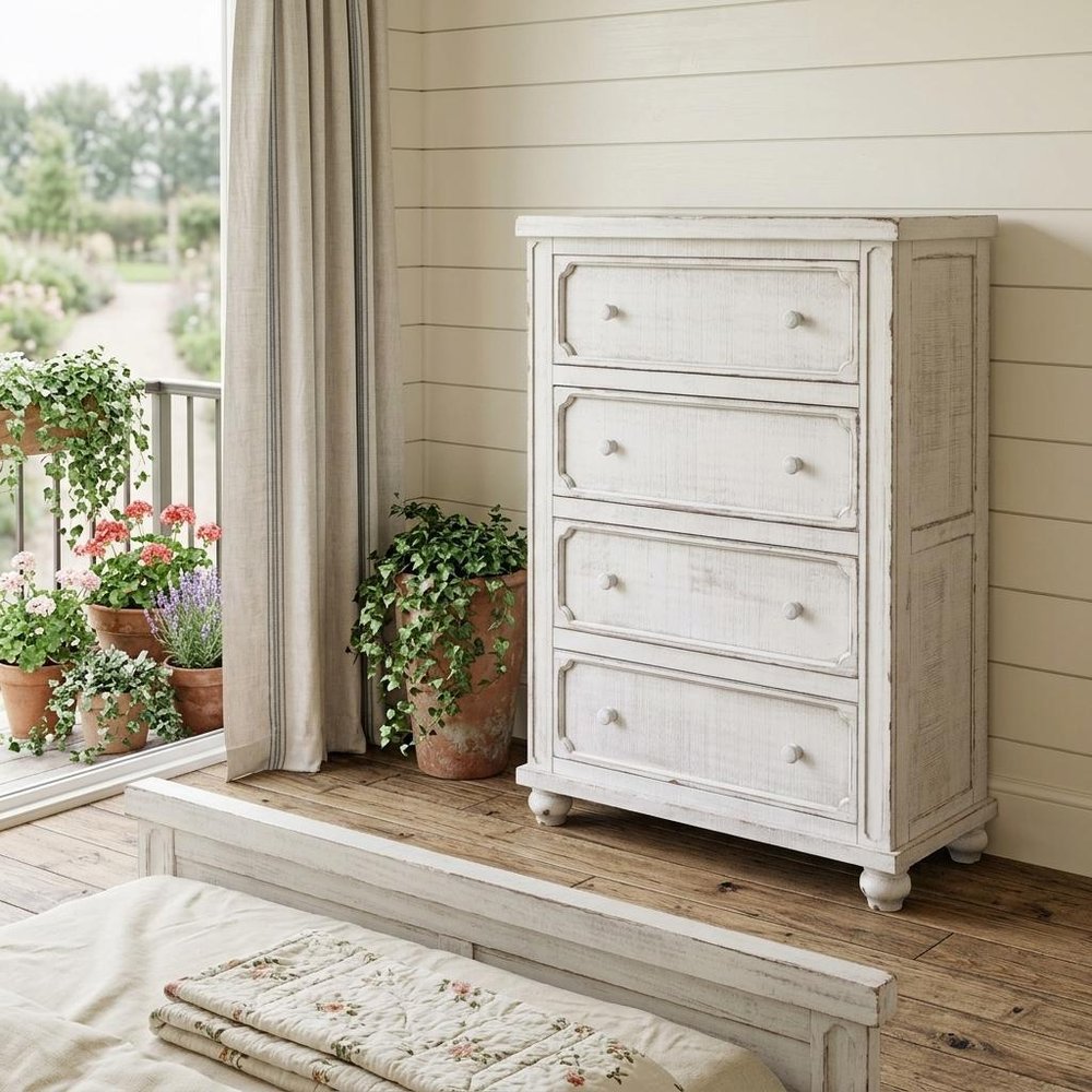 Antiqued White Solid Wood Four Drawer Dresser - 37-inch
