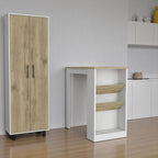 Set of Two Oak and White Wood Kitchen Island and Pantry Cabinet