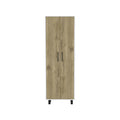 Set of Two Oak and White Wood Kitchen Island and Pantry Cabinet