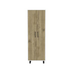 Set of Two Oak and White Wood Kitchen Island and Pantry Cabinet